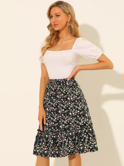 Allegra K- Ruffle Hem Tiered A-Line Floral Midi Skirt