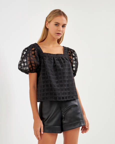 English Factory- Organza Gridded Square Neck Crop Top