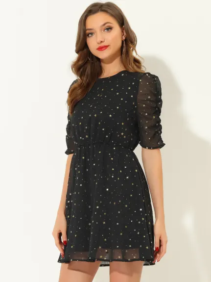 Allegra K- Chiffon Shiny Ruched Sleeve A-Line Gilding Stars Mini Dress