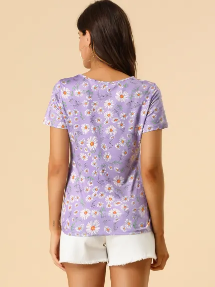 Allegra K- Floral Print Crew Neck Short Sleeve Blouse Top