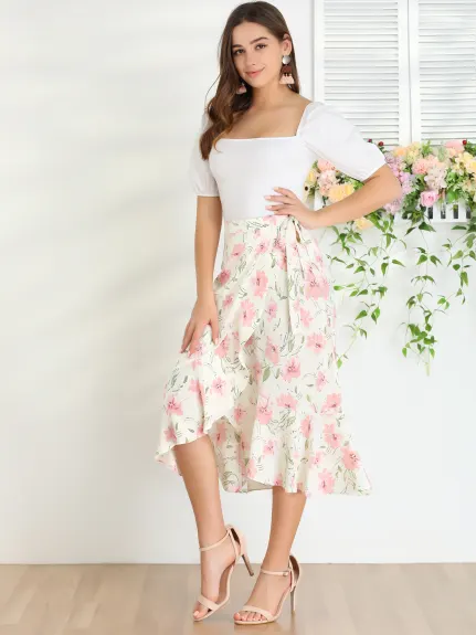 Allegra K- Tie Ruffle Split Midi Floral Wrap Skirt