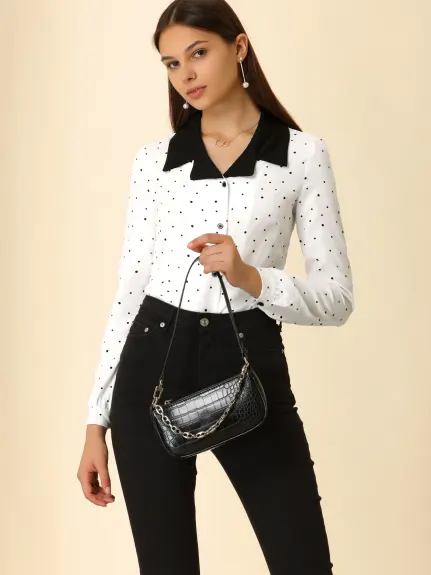 Allegra K - Vintage Contrast Collar Polka Dots Shirt