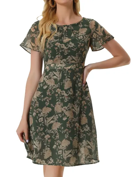 Allegra K- Floral Print Pleated Neckline Flared Sleeve Short Dress