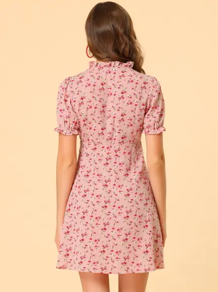 Allegra K- Floral Ruffle Neck Puff Short Sleeve Chiffon Mini Dress