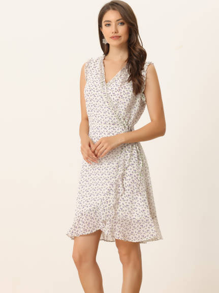 Allegra K - Mini-robe portefeuille florale sans manches à ourlet volanté