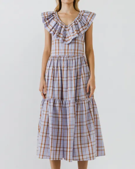 English Factory- Plaid Midi Dress With Ruffle Neckline