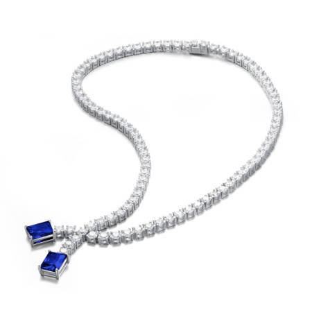 Genevive Sterling Silver White Gold Plating with Colored Cubic Zirconia Two-Stone Tennis Necklace