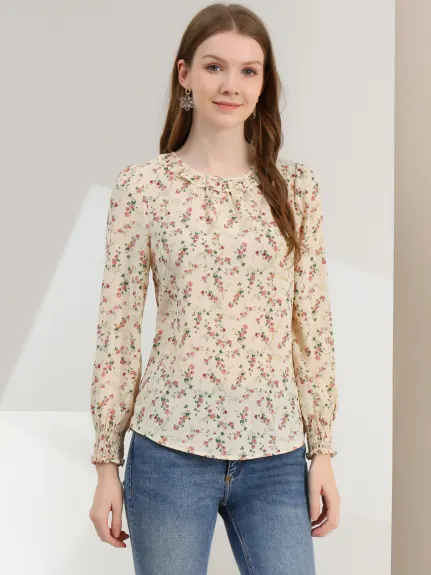 Allegra K- Smocked Cuff Ruffled Crew Neck Floral Blouse