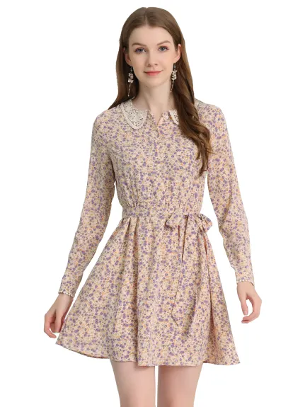 Allegra K- Long Sleeve Half Placket Floral Dress
