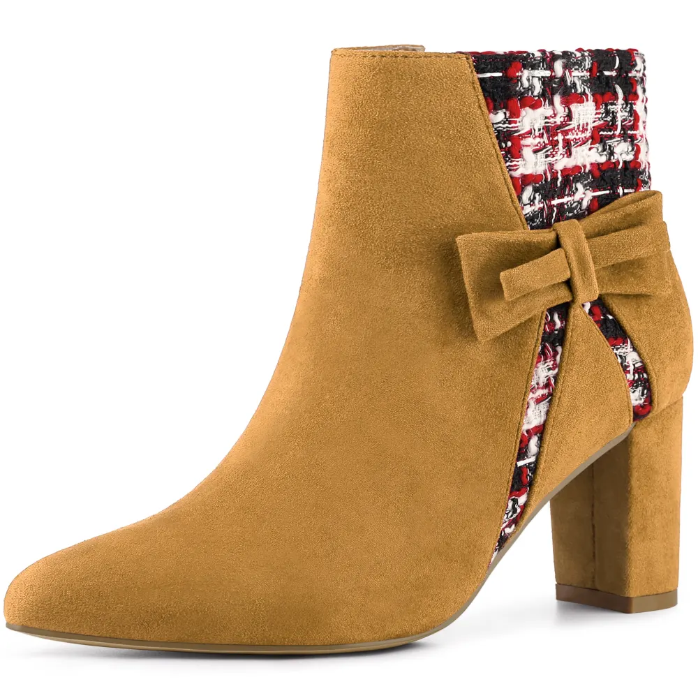Allegra K - Tweed Plaid High Heel Boots Bow Ankle Boots