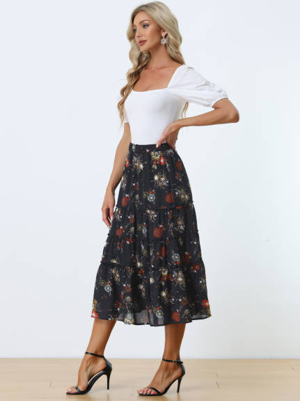 Allegra K- Floral Tiered A-Line Long Chiffon Skirt