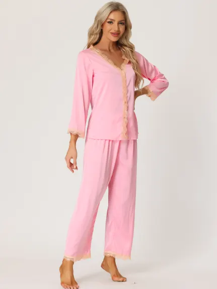 cheibear - Lace Trim Satin Pajama Set
