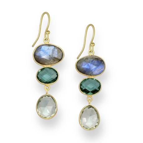 18K Goldtone Plated Sterling Silver Green Tourmaline, Amethyst & Labraodite Oval Faceted Drop Earrings- AG Sterling