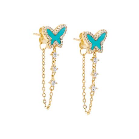 Par Adina Eden -Pave Colored Stone Butterfly Drop Chain Stud Earge - Turquoise
