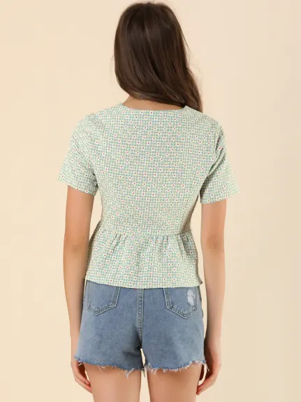 Allegra K- Lace Up Gingham Embroidered Daisy Floral Peplum Top