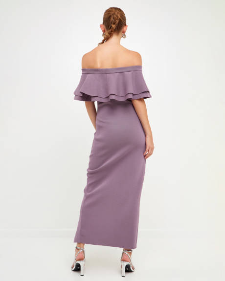 endless rose- Off the Shoulder Ruffle Maxi Dress with Leg Slit