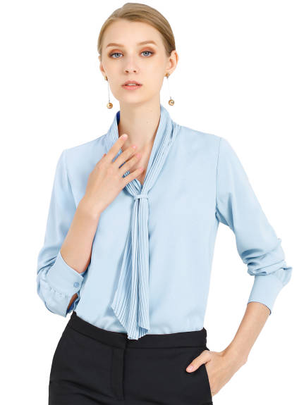 Allegra K- Long Sleeve Blouses Chiffon Pleated Tie Neck Office Top Shirt