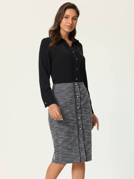 Hobemty- Button Decor Knee Length Tweed Pencil Skirt
