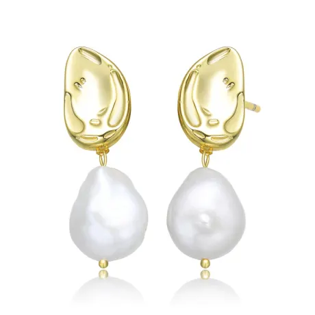 Sterling Silver 14k Gold Plating with Genuine Freshwater Pearl Pear-Shaped Dangling Earrings