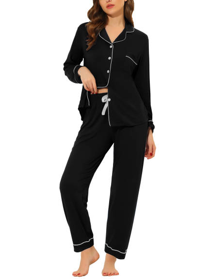 cheibear - Button Down Nightshirt Long Sleeves with Pants Set