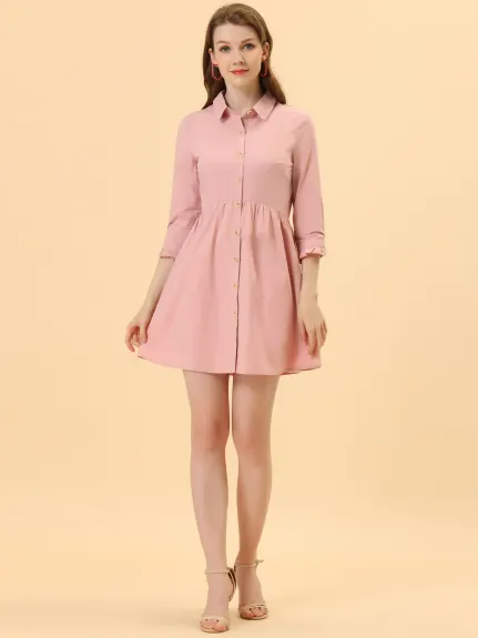 Allegra K- Mini-robe chemise évasée boutonnée à manches 3/4