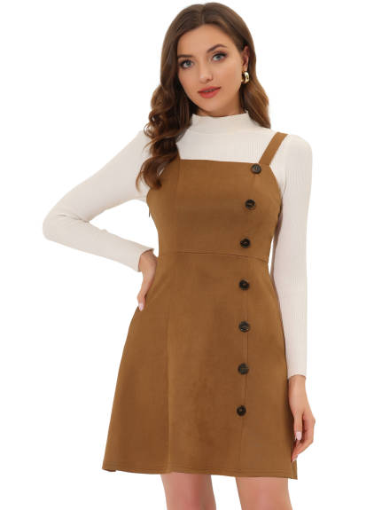 Allegra K- Faux Suede Button Decor A-Line Mini Overall Dress