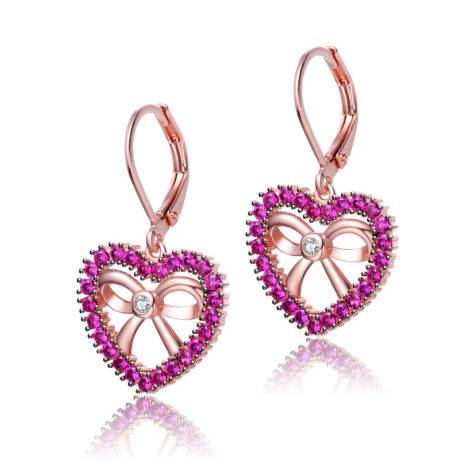 Rachel Glauber 18k Rose Gold Plated Heart Dangle Earrings with Clear and Ruby Cubic Zirconia
