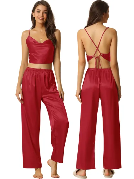 cheibear - Cowl Neck Crop Cami Top with Pants Lounge Set