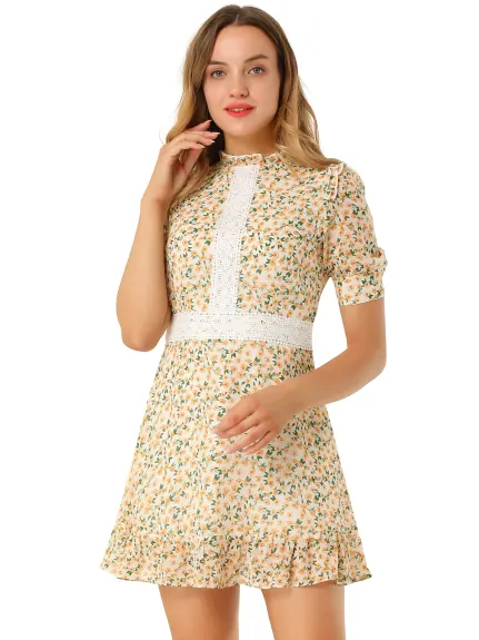 Allegra K- Dots Fit and Flare Ruffle Hem Floral Lace Inset Mini Dress