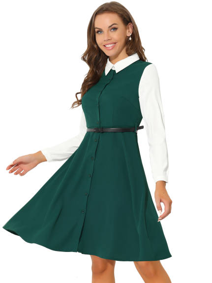 Allegra K- Work Button Front Dress Long Sleeve Contrast Collar Shirtdress