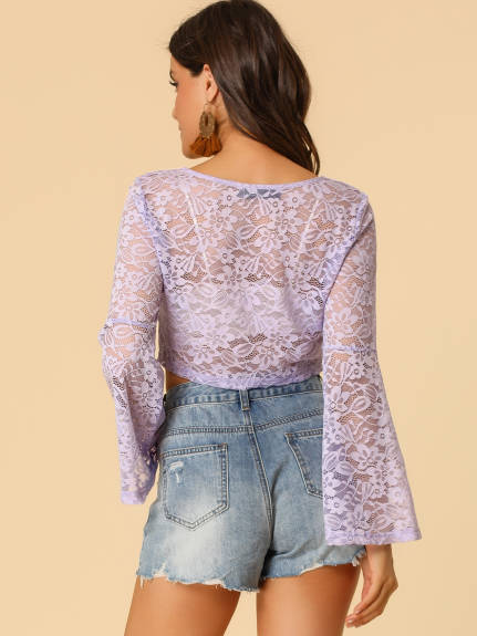 Allegra K- Lace See Through V Neck Bell Sleeve Crop Top