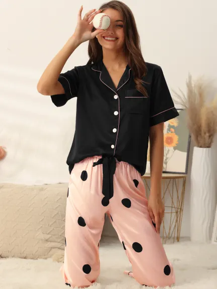 cheibear - Polka Dots Button Down Satin Sleepwear Set