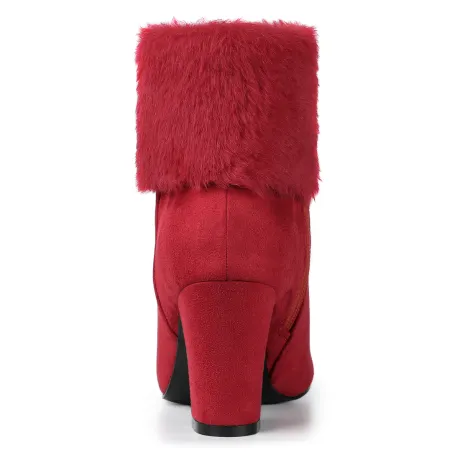Allegra K - Faux Fur Block Heel Winter Ankle Boots
