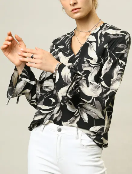 Allegra K- Floral Long Sleeve Print Tie Cuff Chiffon Blouse
