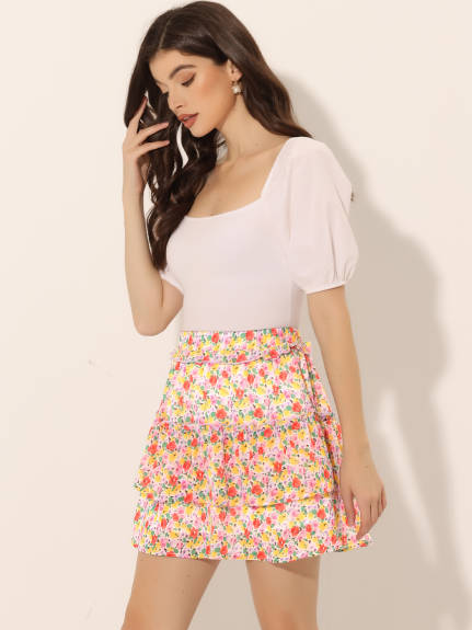 Allegra K- Layered Ruffle Elastic Waist Floral Mini Skirt
