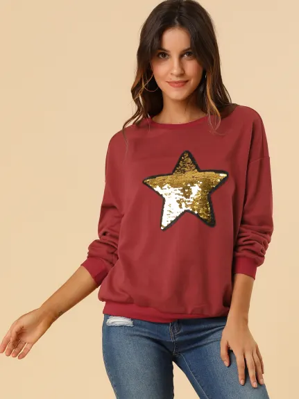 Allegra K- Haut sweat-shirt à manches longues et col rond à sequins étoiles