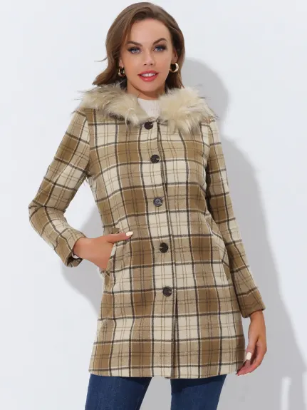 Allegra K- Detachable Faux Fur Trim Plaid Overcoat with Hood