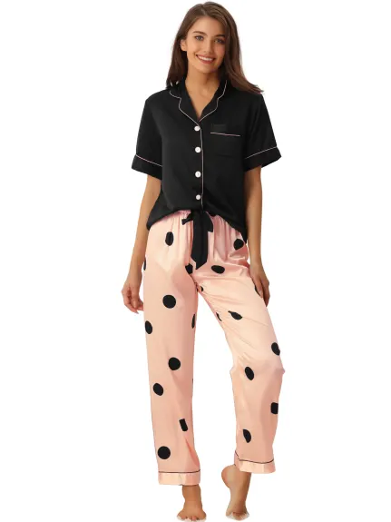 cheibear - Polka Dots Button Down Satin Sleepwear Set