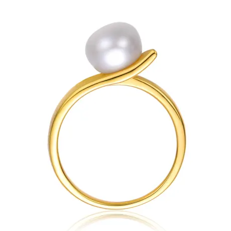 Genevive Sterling Silver 14k Yellow Gold Plated with Genuine Freshwater Pearl Linear Ring Size 7