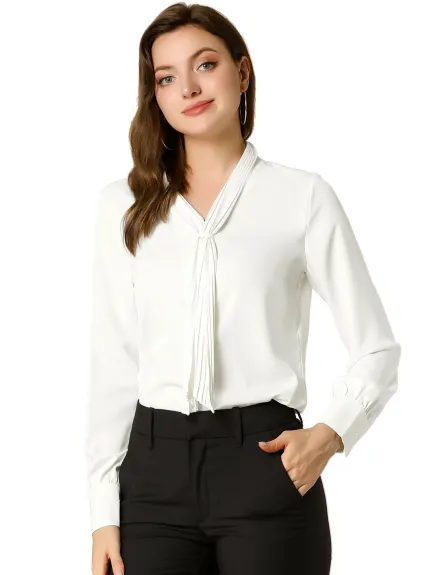 Allegra K- chemisiers à manches longues mousseline plissée cravate bureau Top Shirt
