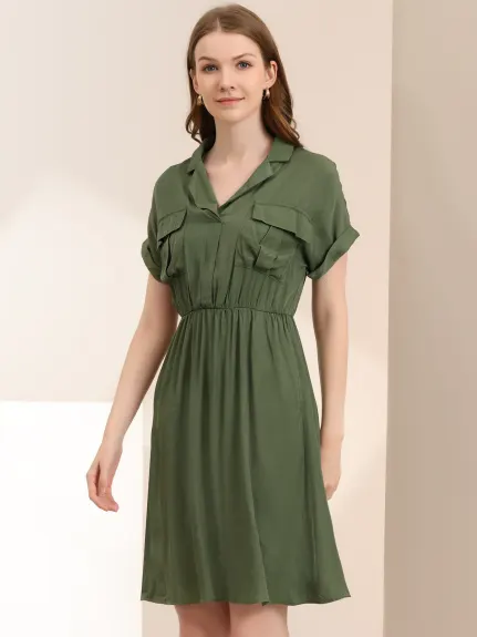 Allegra K- Notched Lapel V-Neck A-Line Shirt Dress