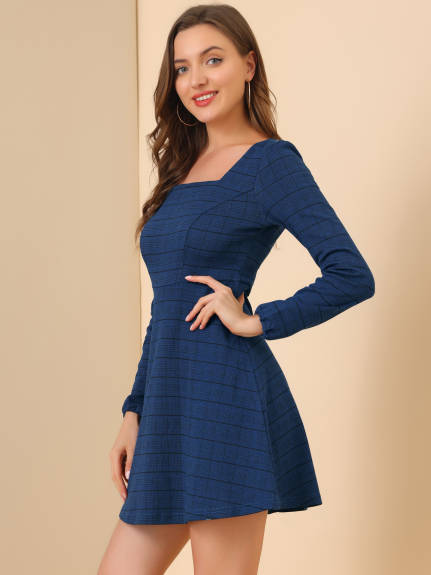 Allegra K- Square Neck Long Sleeve A-Line Plaid Dress