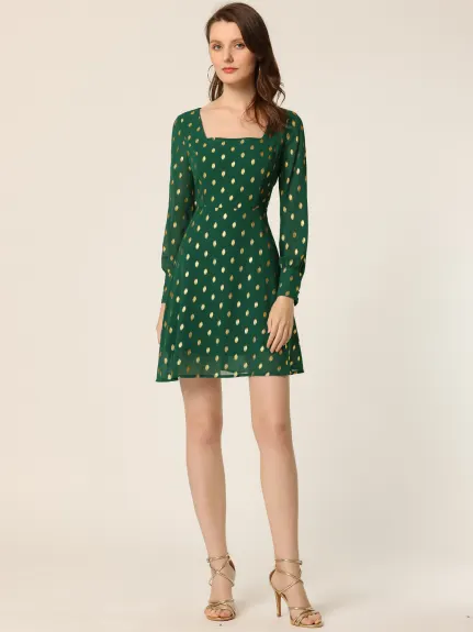 Allegra K- Vintage Square Neck Long Puff Sleeve Dots Print A-Line Dress