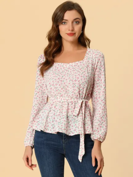 Allegra K - Fall Square Neck Belted Peplum Floral Blouse
