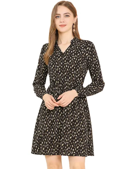Allegra K- Floral Leopard Print Stand Collar Dress