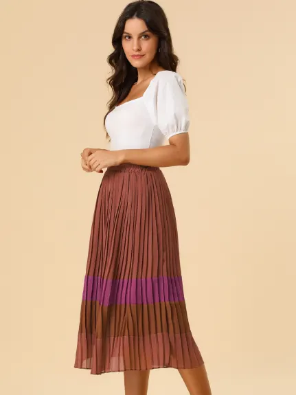 Allegra K- A-Line Color Block Pleated Chiffon Midi Skirt