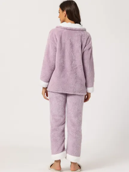 cheibear - Long Sleeve Button Down Warm Flannel Pajamas Set