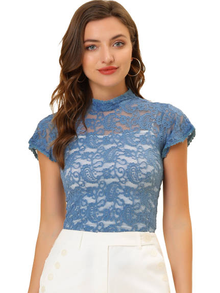 Allegra K- Women's Floral Lace Blouse Keyhole Back Fitted Semi Sheer Top