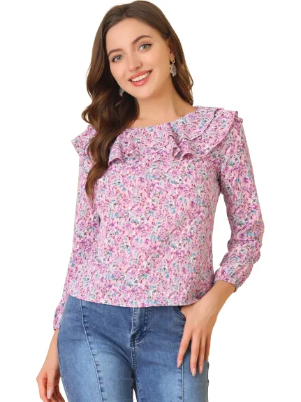 Allegra K - Long Sleeves Ruffle Round Neck Floral Blouse