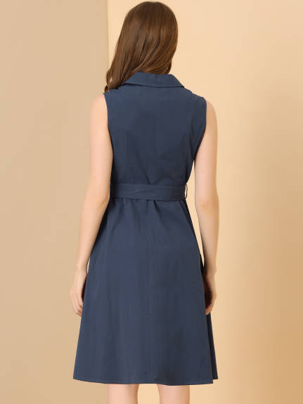 Allegra K- robe Safari Midi sans manches à revers crantée Vintage